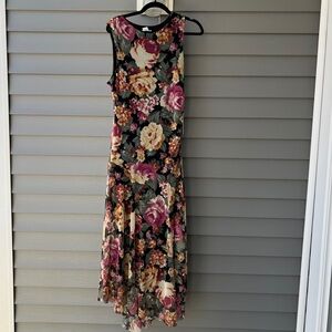 Nicole Miller Black Floral Asymmetrical Dress Size L Gatsby 20s Style Elegant